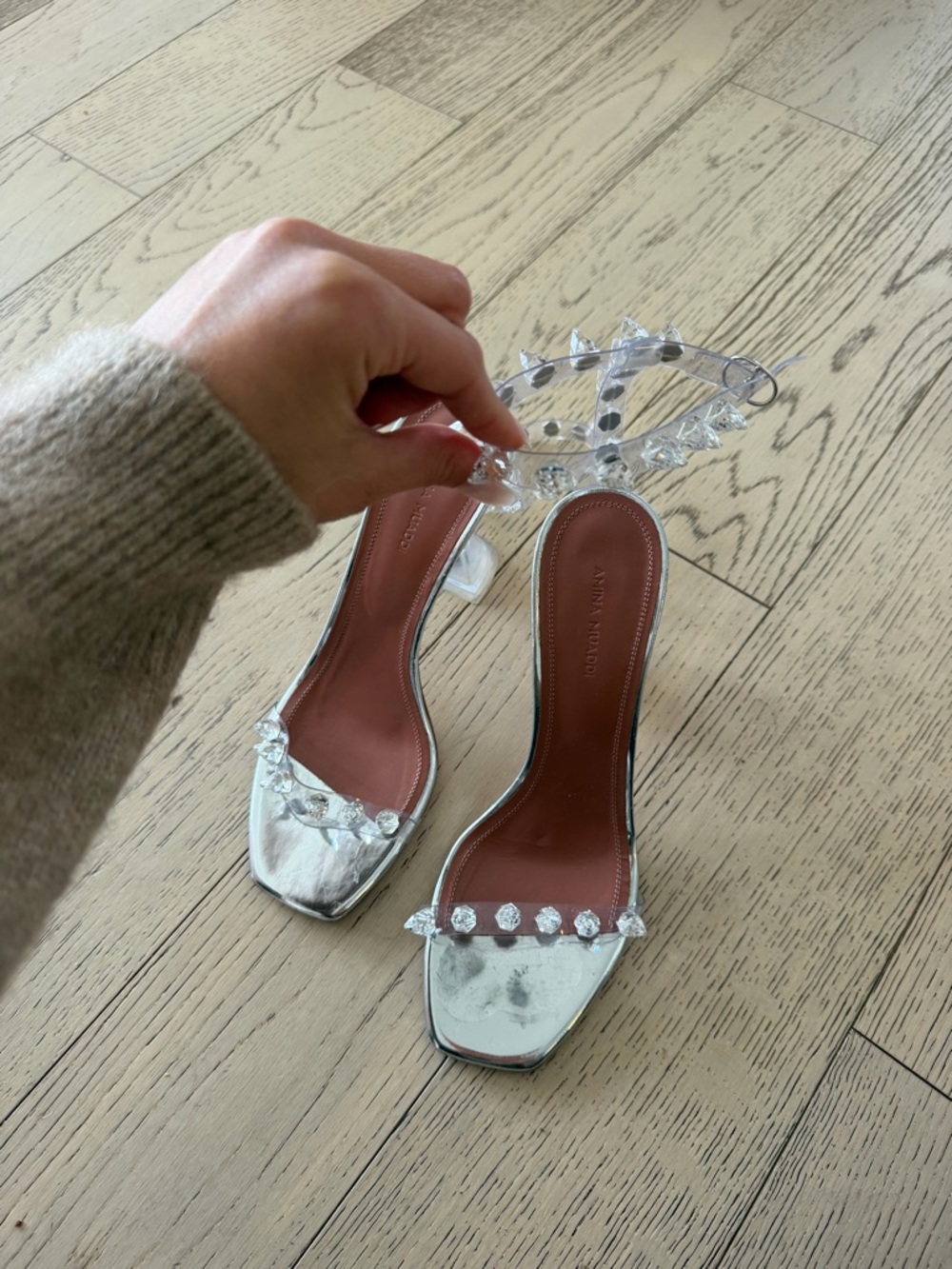 Amina Muaddi Silver Embellished Open-Toe Heels